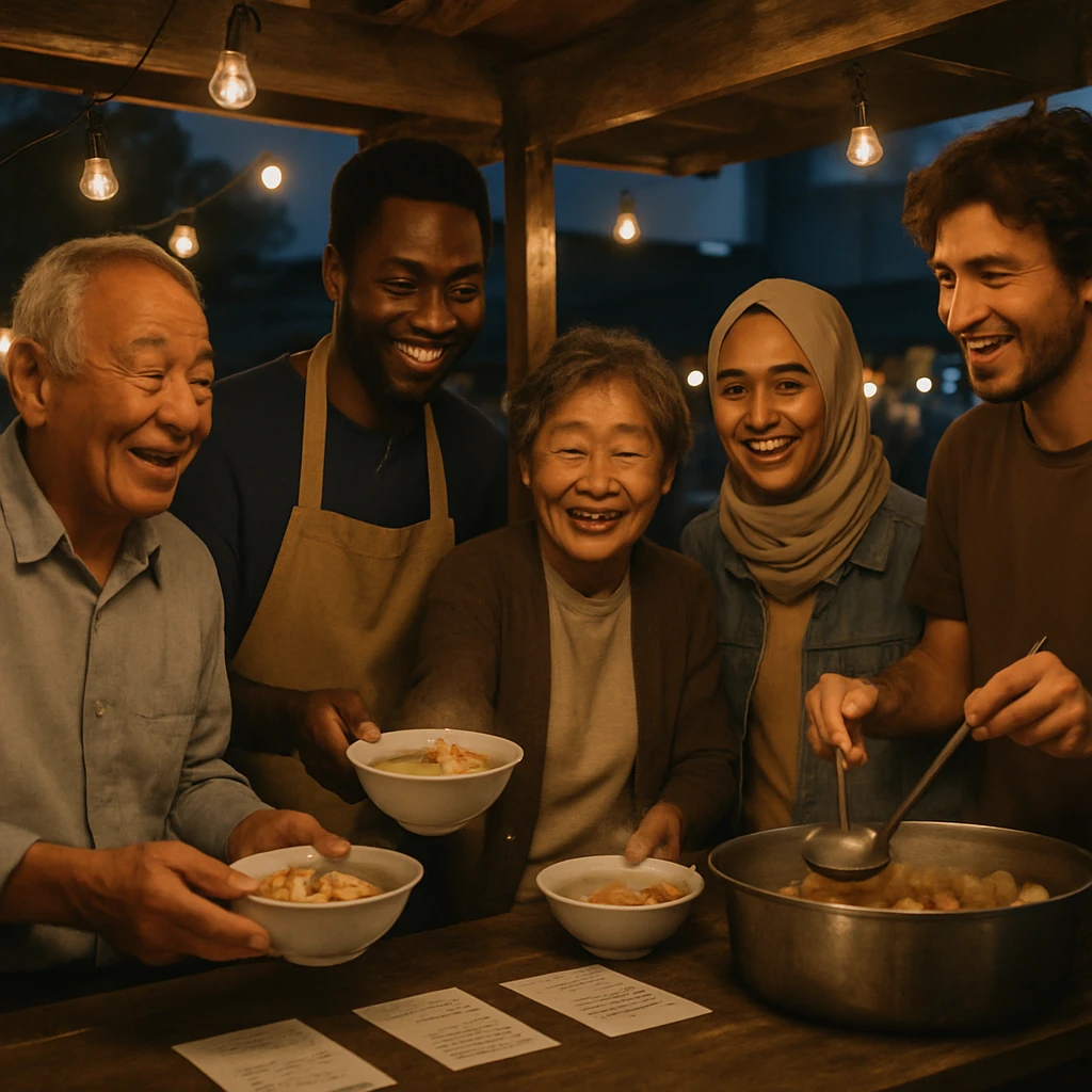 夕暮れ時、電飾に照らされた屋台で多国籍な人々が笑顔でポトフをよそい合う様子の写真。