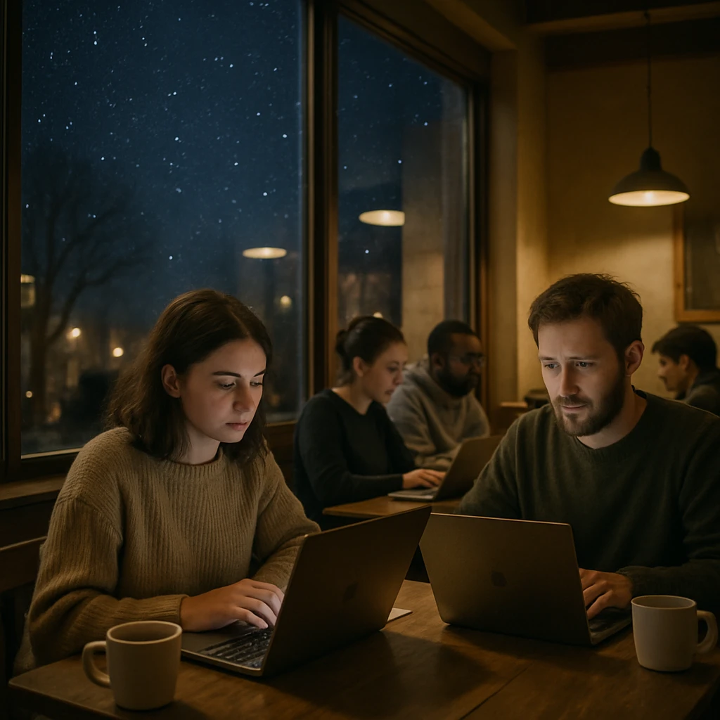 夜の星空が窓越しに見えるカフェで、数人がPC作業をしながらコーヒーを飲んでいる様子。