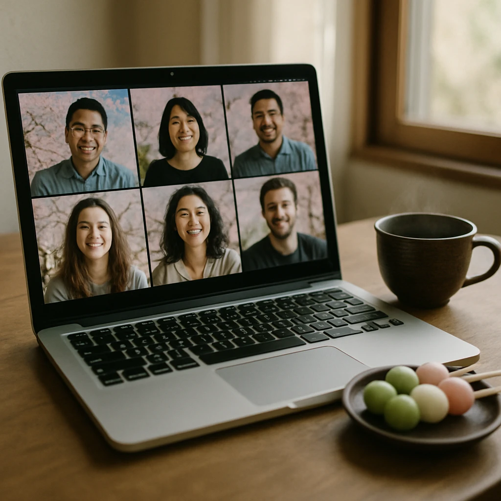 ノートパソコンの画面に桜のバーチャル背景で笑顔の同僚たちが映り、机の上にはお茶と団子が置かれている写真。