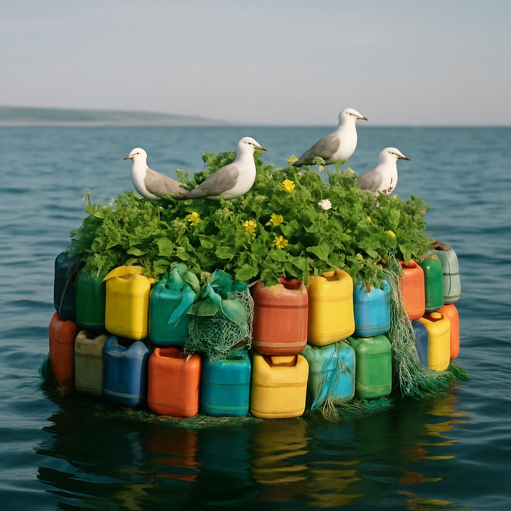 南房総沖の青い海に、プラスチック容器や漁網で作られた緑豊かな浮島が浮かび、花やカモメが見える様子。