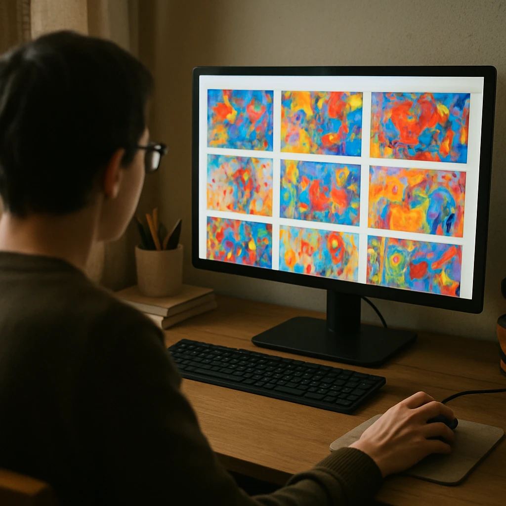 自宅の机でパソコン画面に並ぶ世界中の子どもたちのカラフルな抽象画を眺める人物の写真。