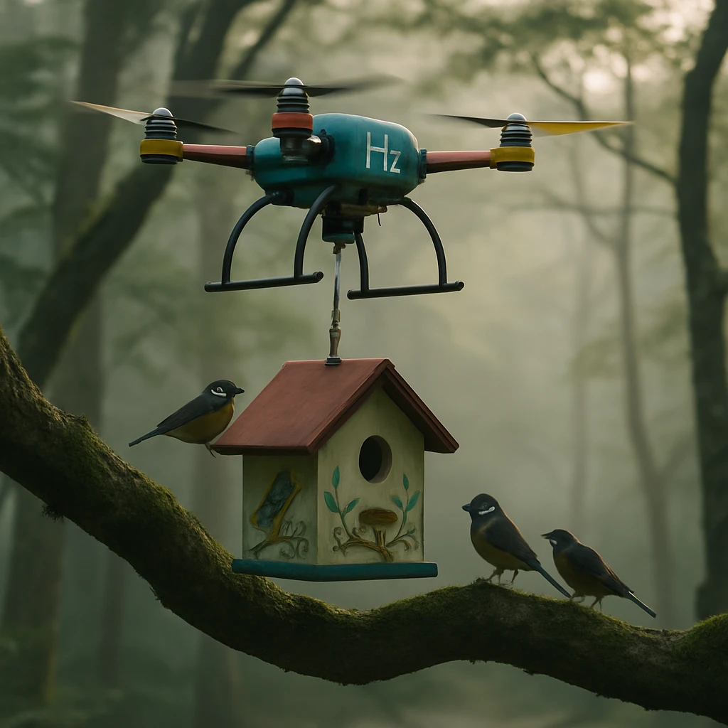 朝の静かな日本の森で、小型のカラフルなドローンが手描きの巣箱を木の枝に設置し、近くに野生の小鳥がとまっている様子。