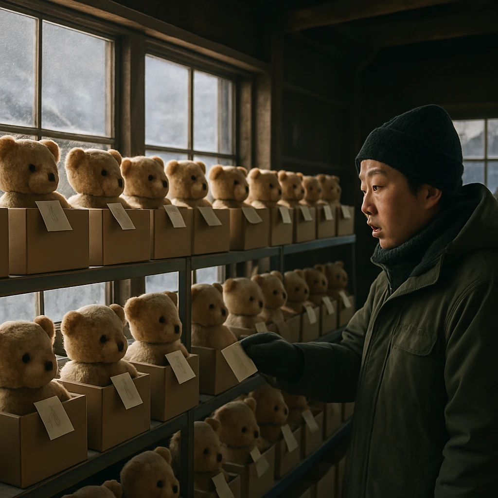 雪の積もる地方の倉庫で、箱詰めされたクマのぬいぐるみと手紙を見つめる女性社員の様子。