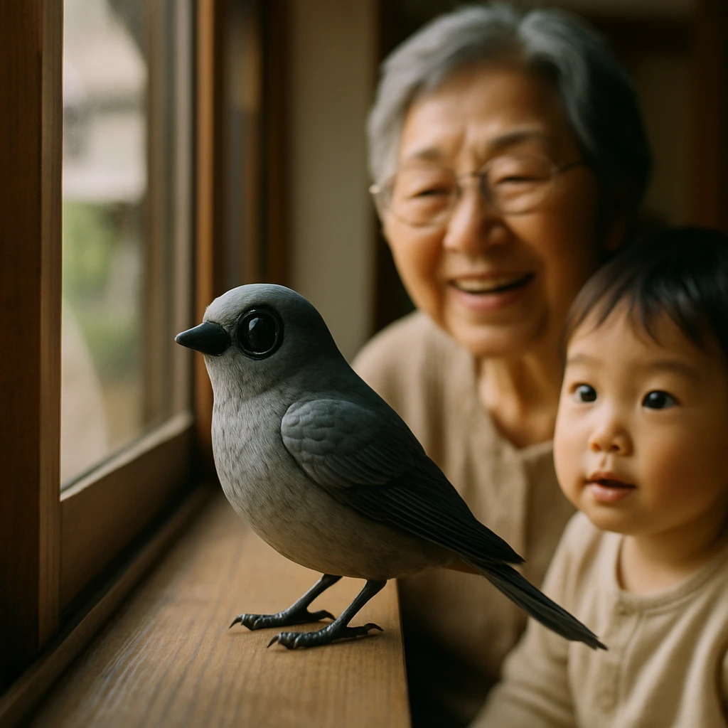 日の差し込む窓辺に佇む小さなAI小鳥と、それを笑顔で見つめる高齢女性と小学生の姿。