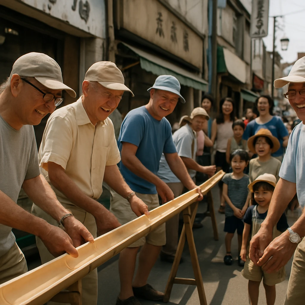 商店街の路地で手作りの流しそうめん台を設置するおじいちゃんたちと、それを見守る家族連れの様子。
