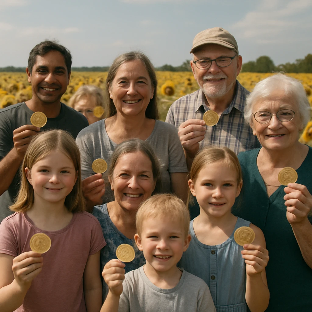 ひまわり畑でサンフラワーコインを手に笑顔を見せる地元の子どもたちとシニアたちの様子。