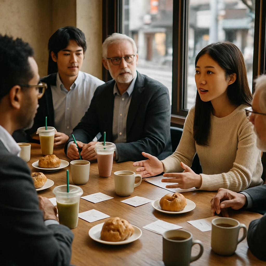 東京駅近くのカフェで、幅広い年代の社員たちがテーブルを囲み、朝食を食べながら若い女性が会議をリードしている様子の写真。