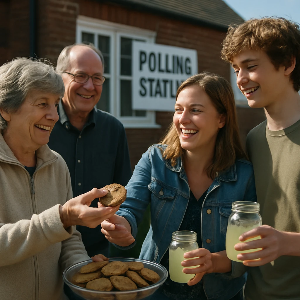 投票所の外で市民たちが手作りのお菓子やレモネードを手渡しながら笑顔で交流している様子。