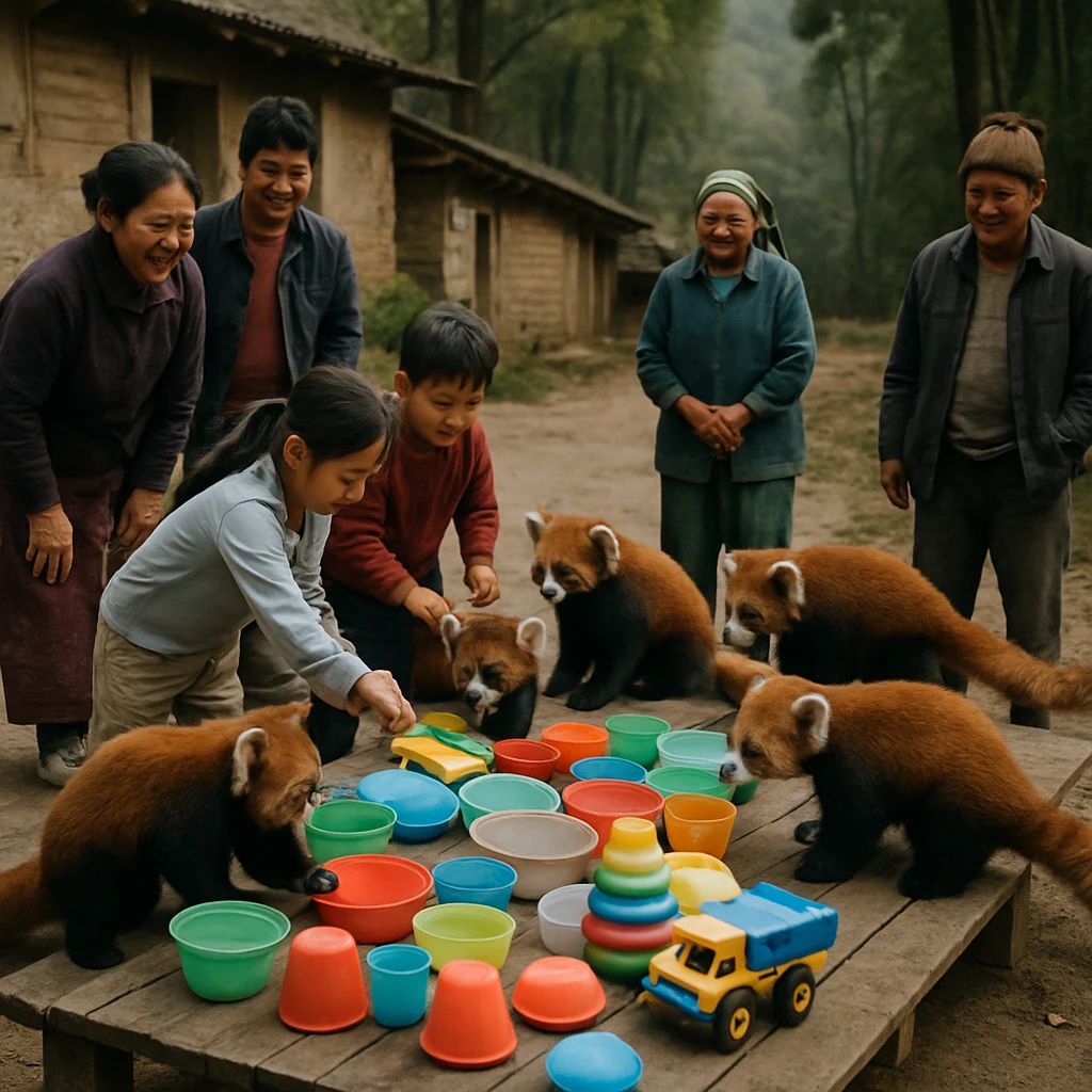 森の端にあるリユース広場で、色とりどりのプラスチック製品の周りで遊ぶレッサーパンダと見守る村人たちの様子。