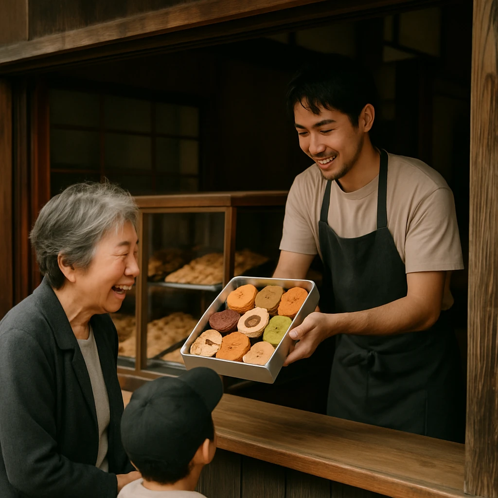 煎餅工房のカウンターで若い店員がカラフルな煎餅を年配女性と子どもに手渡している様子のリアルな写真。