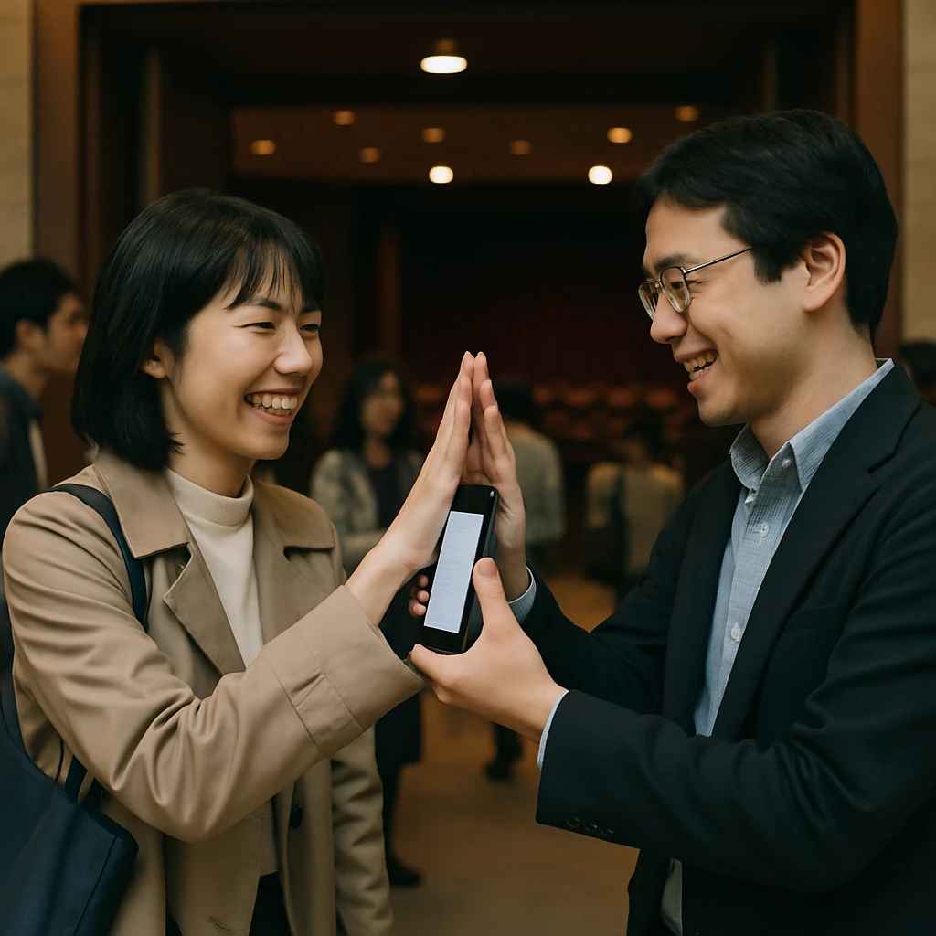 劇場入口で見知らぬ観客同士がスマートフォン越しに手のひらを合わせ、笑顔でチケットタッチをしている様子。