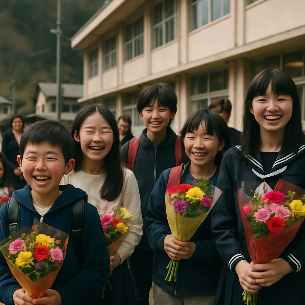 田舎の学校前で、花束を手に笑顔を見せる小中学生たちの写真。