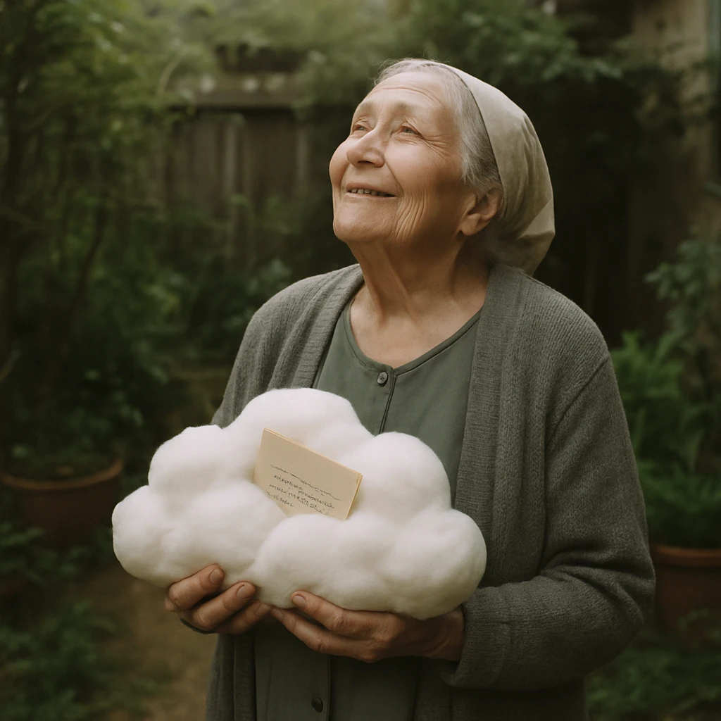 高齢の女性が自宅の庭で手紙入りの雲形オブジェを優しく手に持ち、嬉しそうに空を見上げている様子。