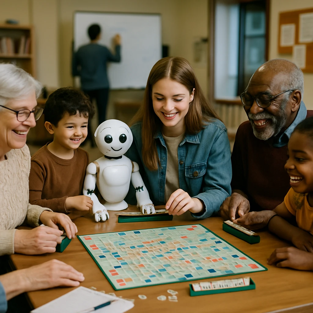公民館の木製テーブルを囲み、子どもと大人、ロボットがスクラブルとホワイトボードで言語を使って楽しそうに交流する様子。