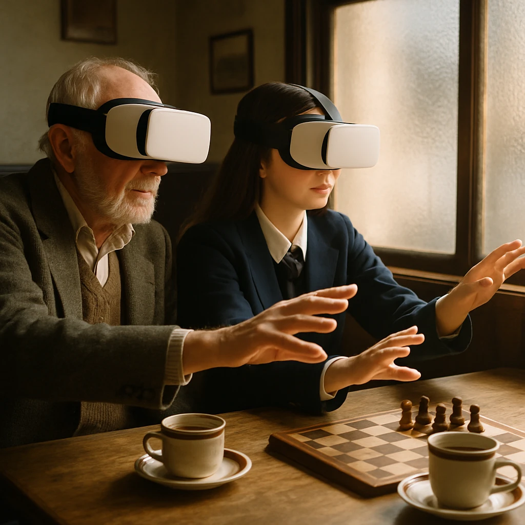 陽だまりの喫茶店のテーブルでVRヘッドセットを装着した高齢男性と高校生が並んで座っている写真。