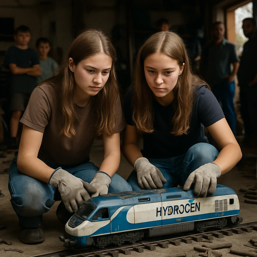 自宅ガレージで手作りの水素エネルギートレイン模型を調整する双子の姉妹と、その様子を見守る町の人々の様子。