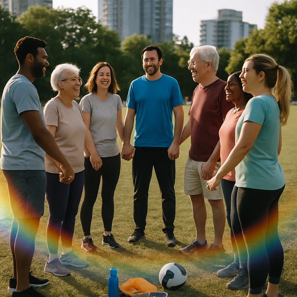 虹色の光が差し込む芝生のグラウンドで、手をつないで輪になっている多世代の社会人サークルのメンバーたちの実写写真。