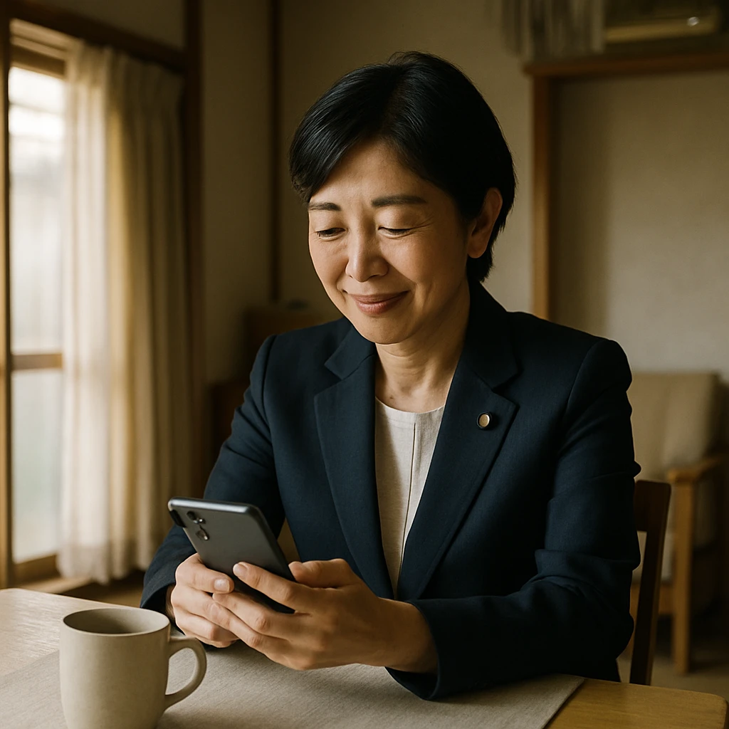 朝日が差し込む食卓で、中年の女性議員がスマートフォンで穏やかにメッセージを打つ姿の写真。