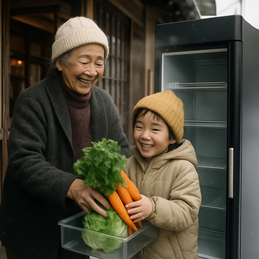 雪に囲まれた古民家カフェの前で、高齢の女性と子どもが最新型の冷蔵庫に野菜を入れる様子の写真。