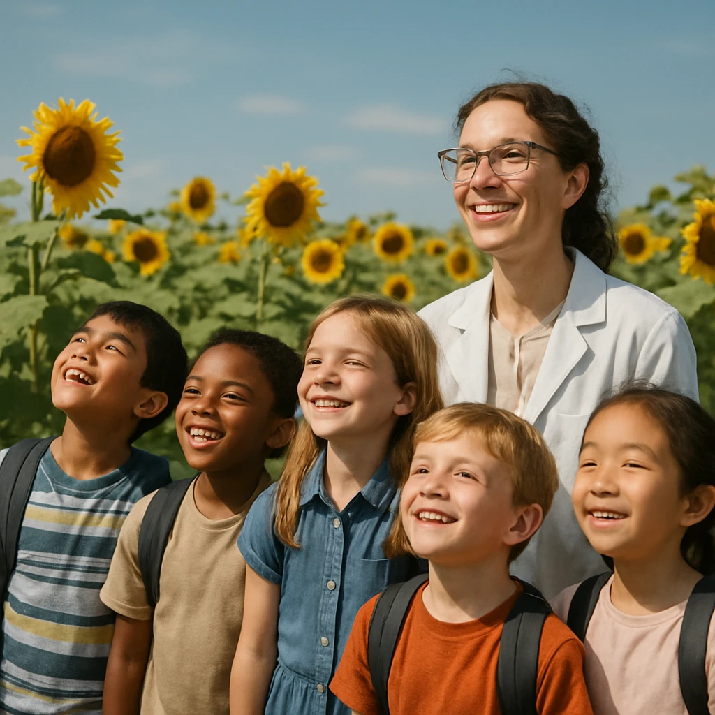 青空の下、ひまわり畑のそばで上空を見上げて微笑む子どもたちと若い女性科学者が写っている写真です。