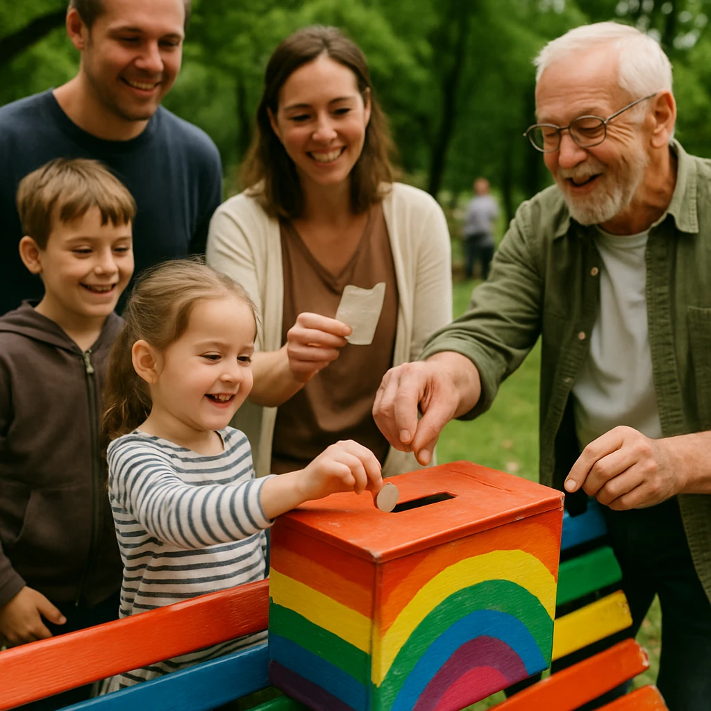 虹色にペイントされた木製の貯金箱とカラフルなベンチ、公園で多世代の人々が楽しそうに集まる様子。