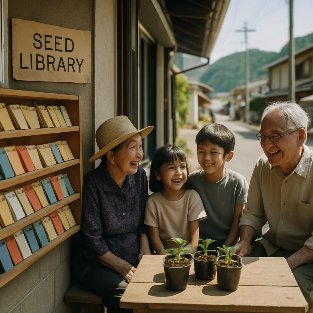 種の入ったカラフルな封筒が並ぶ棚と、種図書館の手書き看板、苗の鉢、集う子どもや高齢者の姿を写した小さなコミュニティスペースの写真。