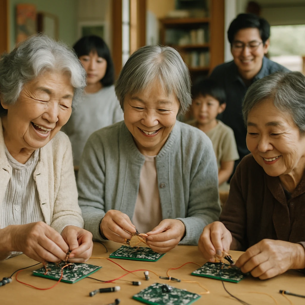 おばあちゃんたちが電子部品を組み立てながら笑顔で作業し、子どもや若い技術者が見守る地域の集会所の様子。