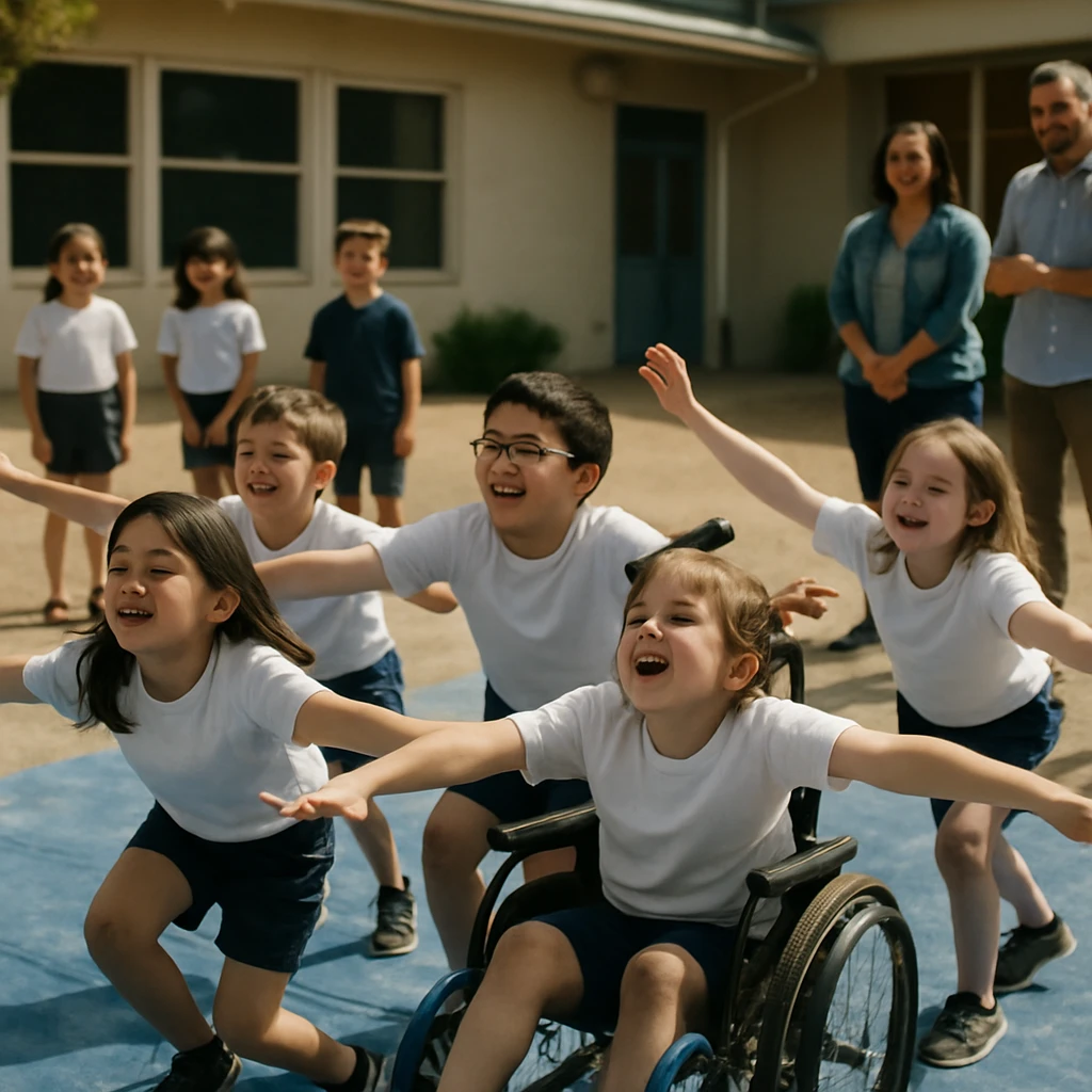 校庭に広げたブルーシートの上で、小学生たちと車椅子の児童が一緒に楽しそうにダンスしている様子の写真。