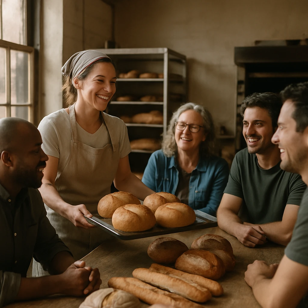 小さなベーカリーの店内で、焼きたてのパンを持った女性店主と笑顔の投資家・地域住民たちが囲む温かな光景。