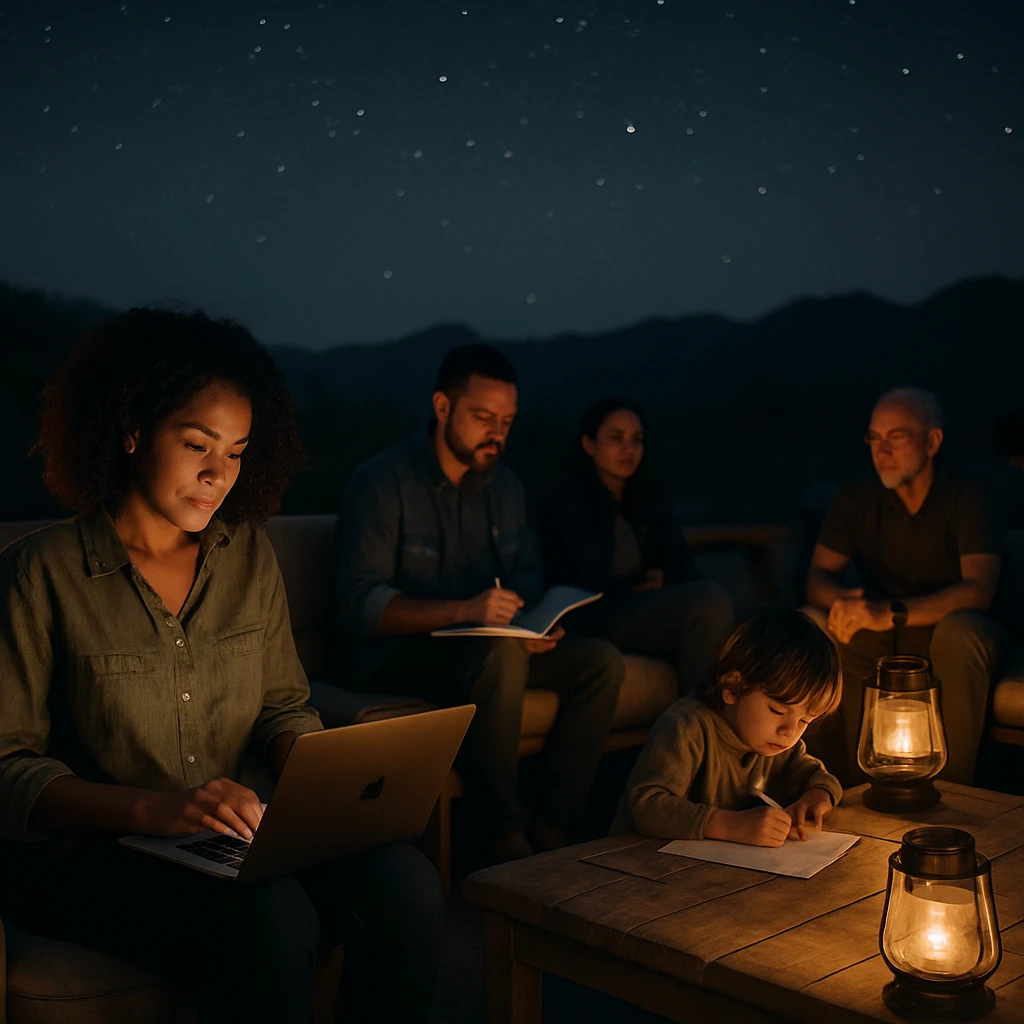 星空の下、木製ラウンジチェアでくつろぎながら働く大人たちと、そばで絵を描いている子どもの様子。