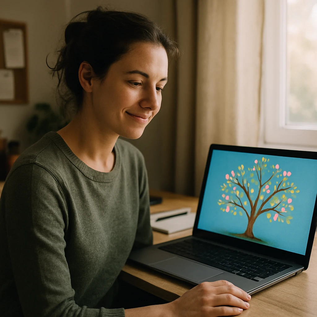 自宅のデスクでノートパソコンを操作し、バーチャルな樹の画像を見ながらほほえむ女性の様子。