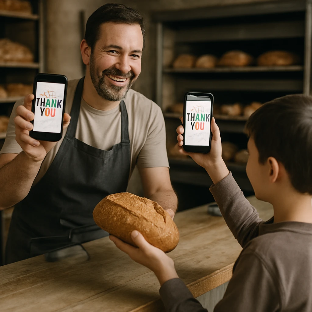 パン屋のカウンターで、笑顔の店主と男の子がパンとスマートフォンの画面を手に持ち、デジタルスタンプを見せ合っている様子。