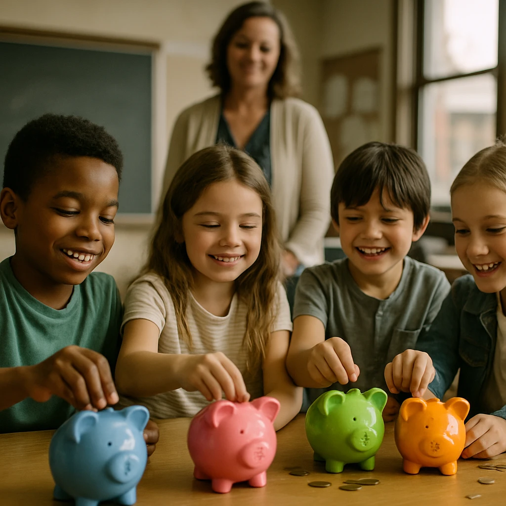 小学校の教室で色とりどりの貯金箱に楽しそうに小銭を入れる子どもたちの様子。