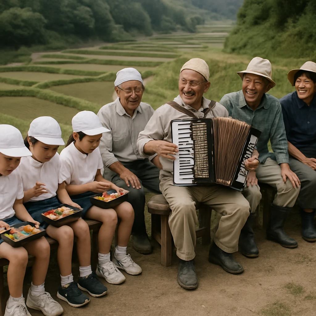 棚田の脇に置かれたベンチで、小学生と農家たちが手作り弁当を囲み、アコーディオン演奏を楽しんでいる様子。