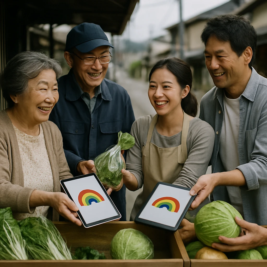地方の青空市場で世代を超えた人々が野菜とタブレット端末を使って笑顔で取引している様子。