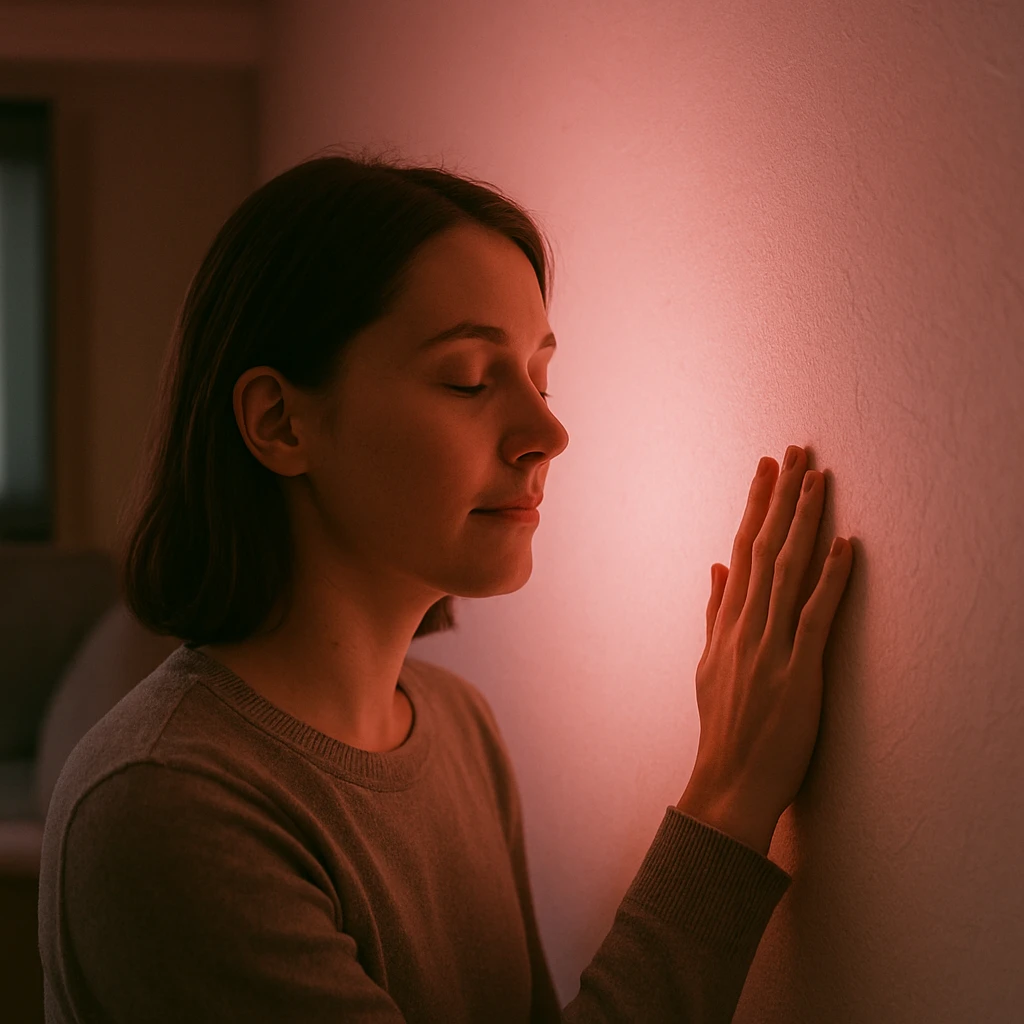 やわらかなピンク色に光る和紙風の壁に女性が手を当てて目を閉じている様子。