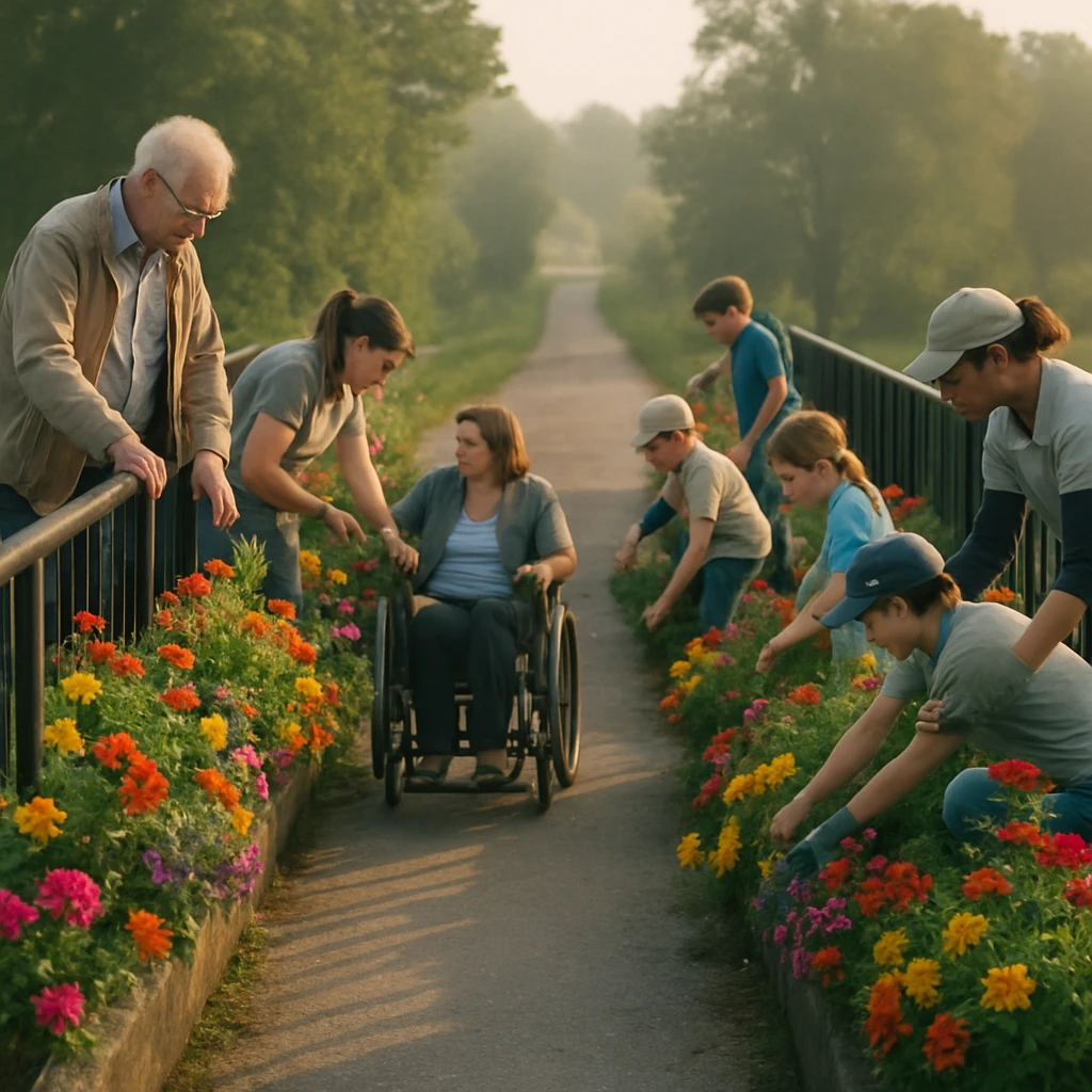 虹色の花々が咲き誇る優しいスロープの橋で、多世代・多様な人々が花壇の手入れをしている様子。