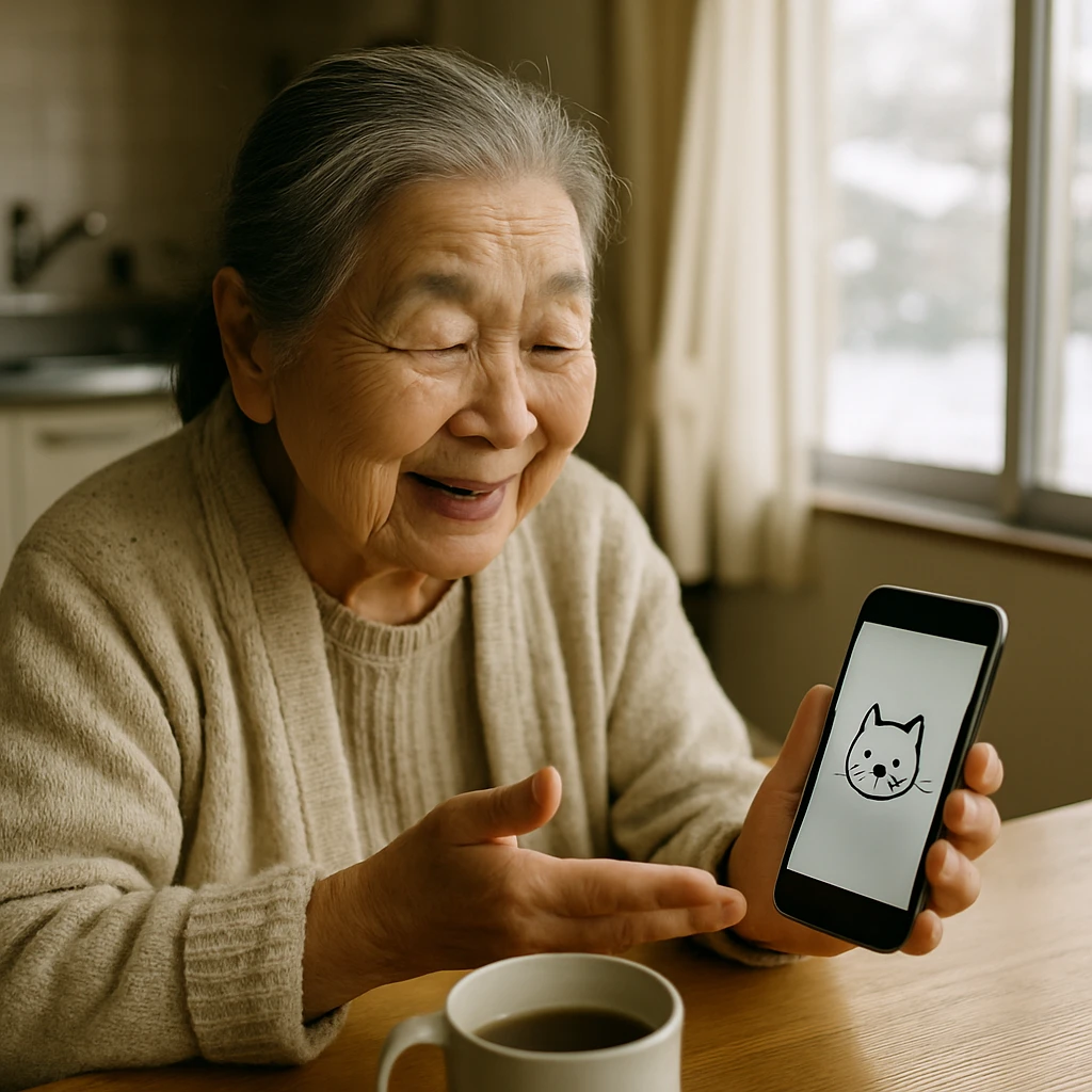 高齢の日本人女性が明るい窓辺のテーブルでスマートフォンの猫アイコンアプリに話しかけて微笑んでいる様子。