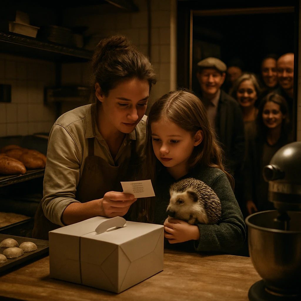 深夜のパン屋の厨房で、母娘とハリネズミがケーキ箱とメモを調べ、町の人々が優しく見守っている様子の写真。