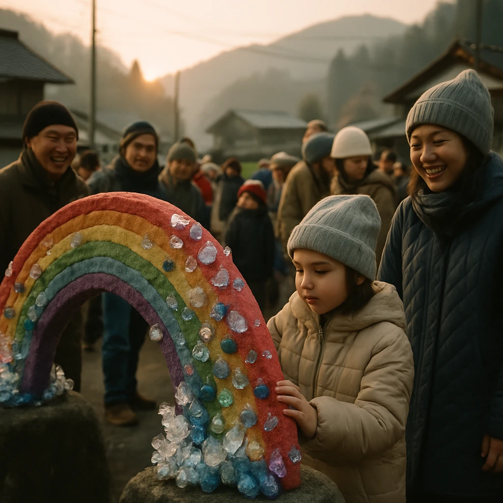 早朝の村で、村人と子どもたちが大きな虹型の鉱石アートを囲んで微笑んでいる様子。