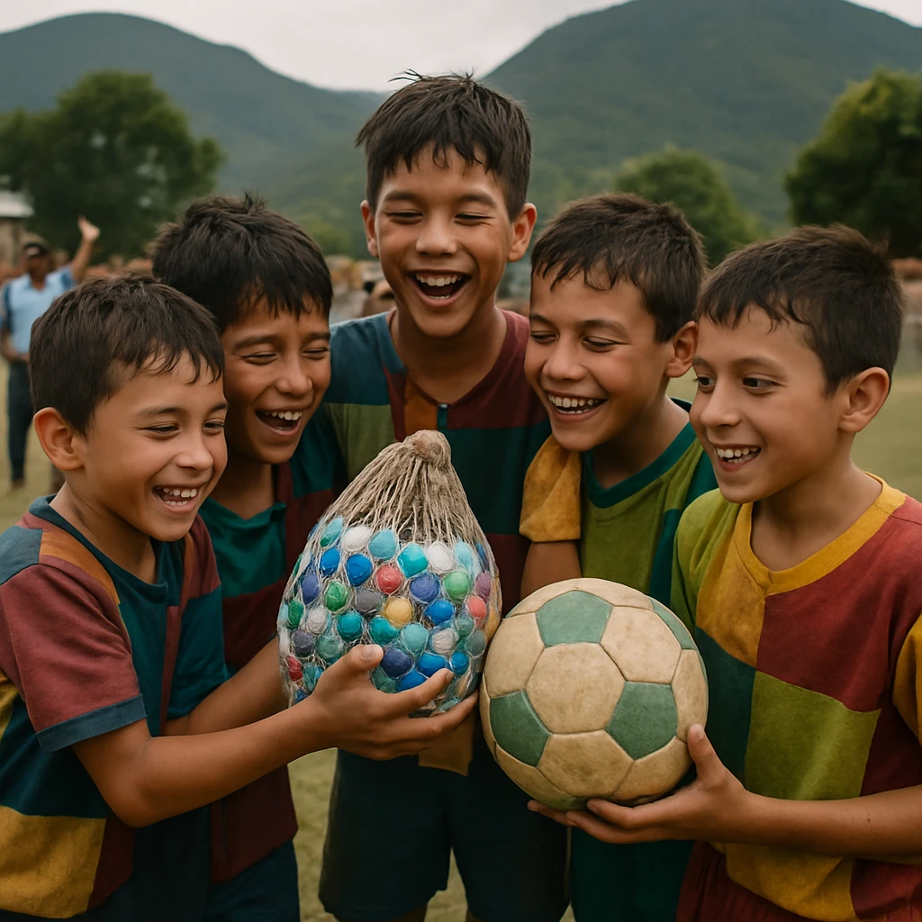 リサイクル素材で作られたユニフォームを着た子どもたちが山あいのサッカー場で歓喜の円陣を組む様子。