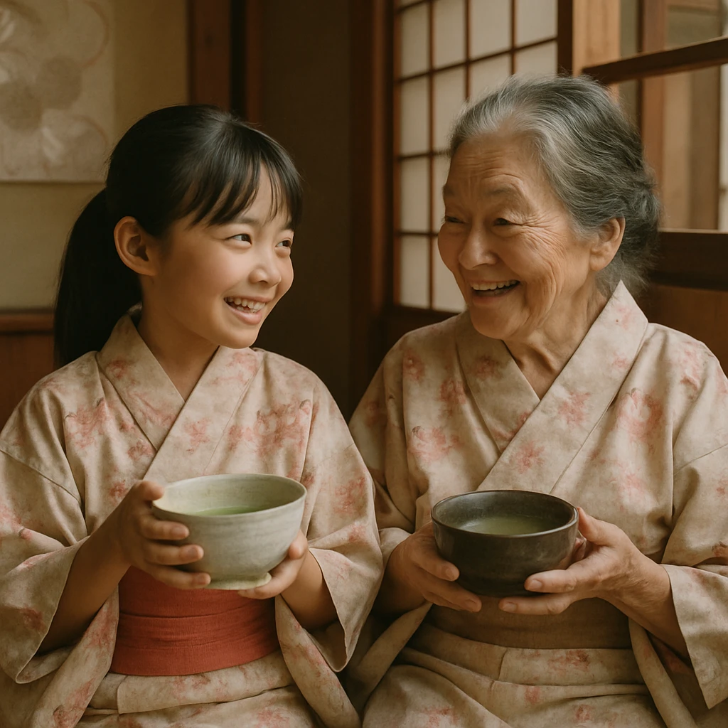 和紙や障子に囲まれた和風茶室で、桜模様の着物を着た少女と祖母が並んで座り、お茶を楽しむ様子。
