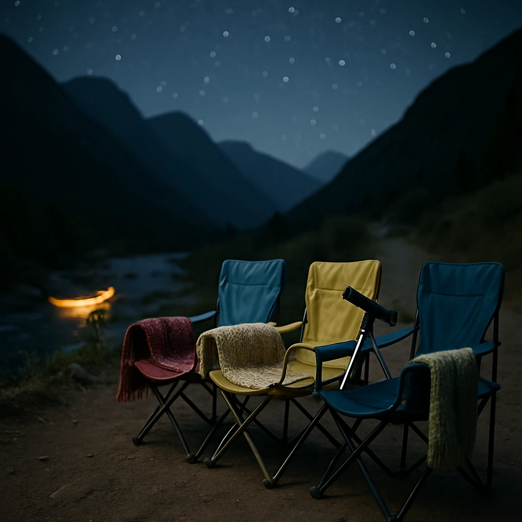 星空の下、山道に並んだカラフルなアウトドアチェアと手前の沢に浮かぶ夜光カヤックの写真。