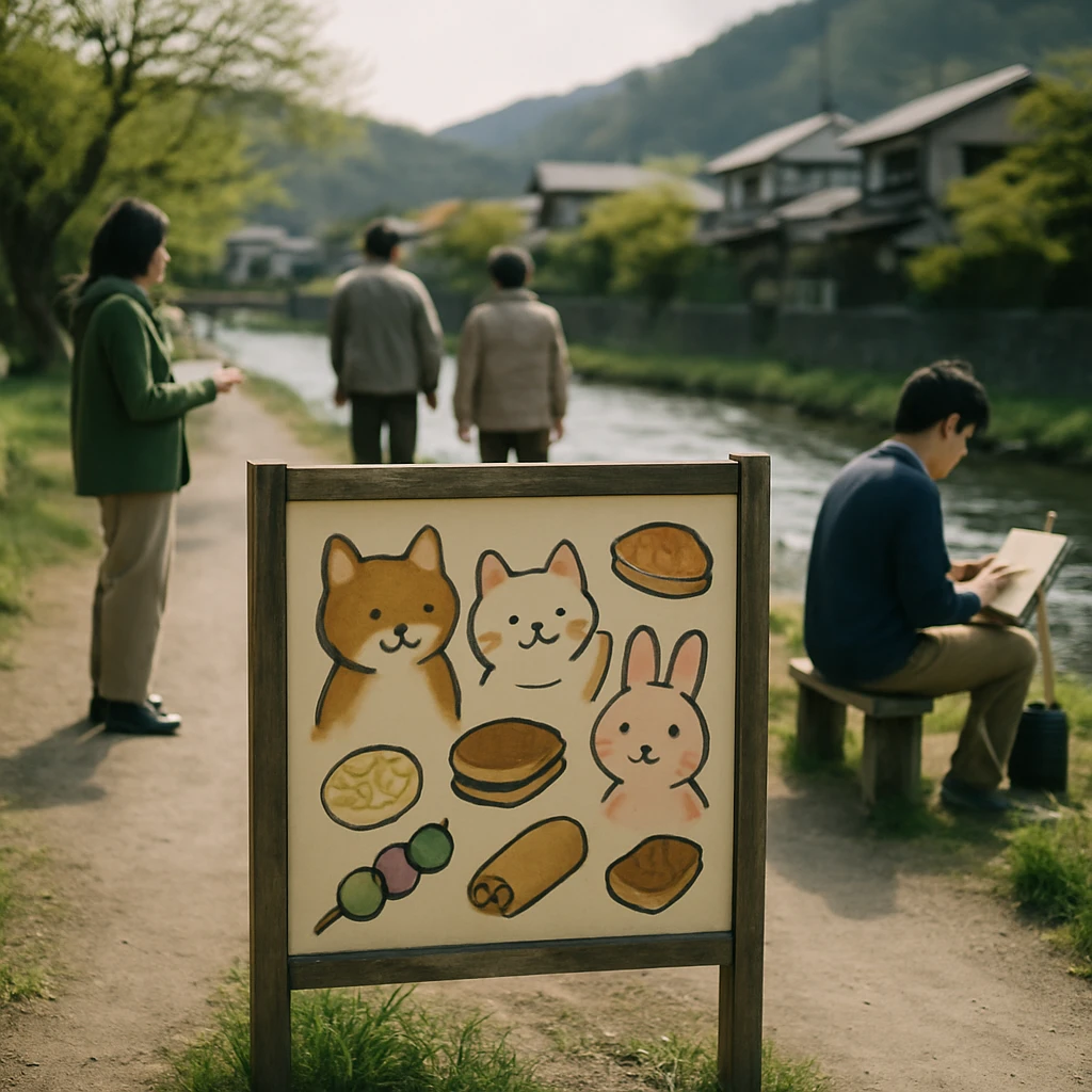 川沿いの静かな小道に、手作りのイラスト案内板を見上げている人々が歩く写真です。