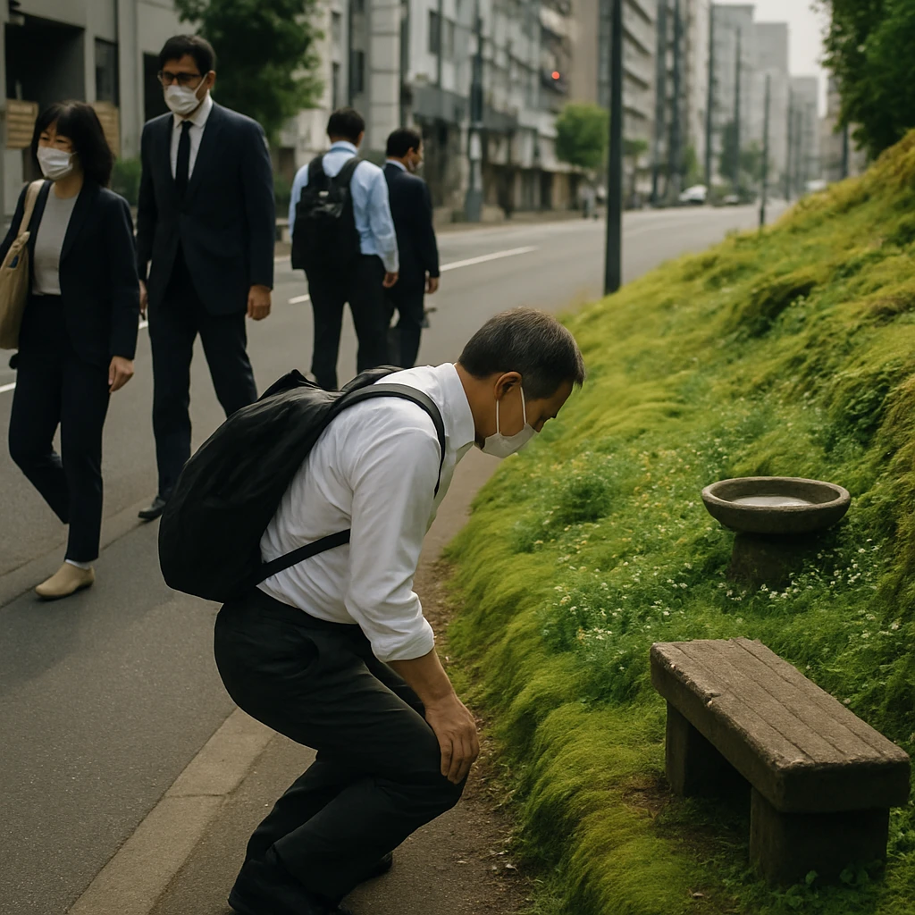 東京の環状道路沿いの歩道に苔と小さな花が茂り、通勤途中の人々が歩いたり立ち止まったりしている様子の写真。