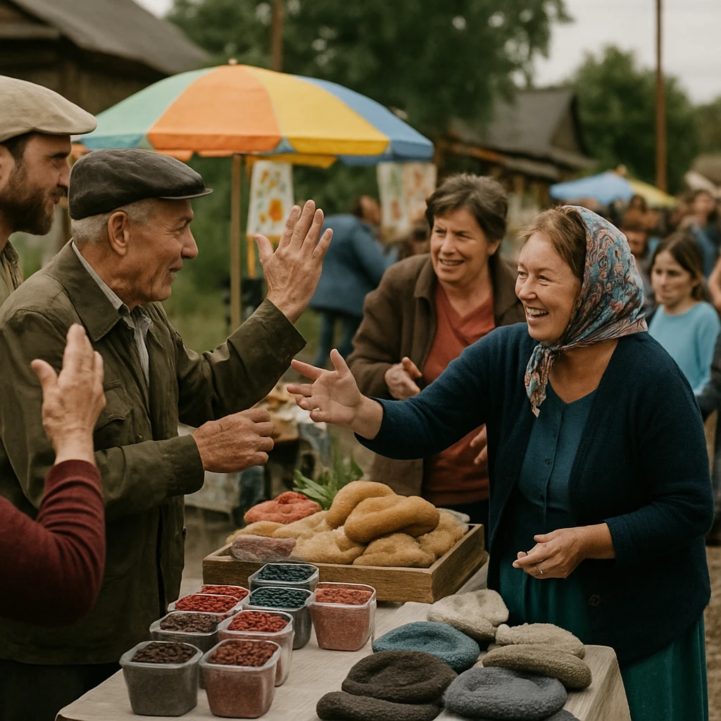 村の広場で、言葉を使わずに手振りや表情でやりとりする人々と特産品の露店が並ぶ様子の写真。