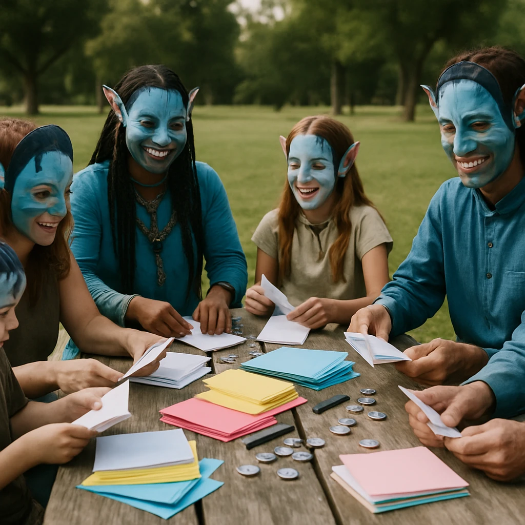 公園のベンチで色とりどりのアバターの仮面や衣装を着た人々が、コピー本を一緒に製本している様子。