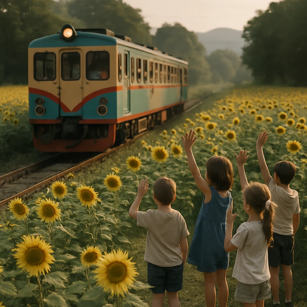 満開のひまわり畑の中を走る小さなローカル列車と、畑の端で手を振る子どもたちが映る写真。