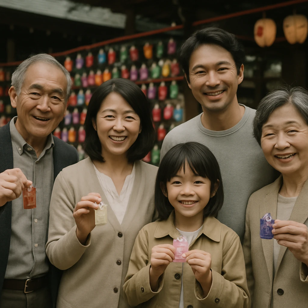 神社の境内で手作りのお守りを手に持ち、三世代の家族が笑顔で並んでいる写真。