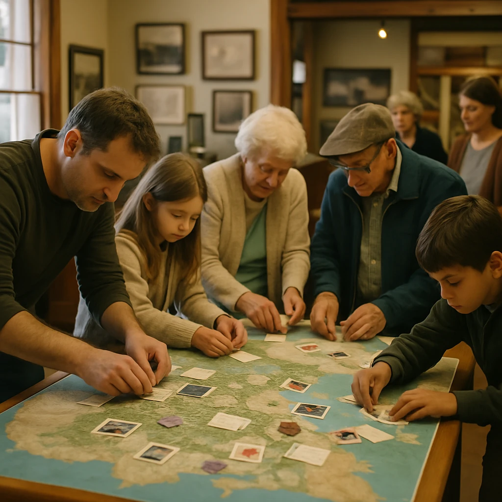 町の小さな美術館で、人々が大きな地図に思い出の品を貼り付ける様子の写真。